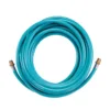 Coiled blue garden hose with brass fittings.