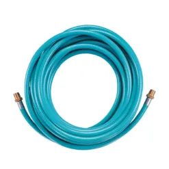 Coiled blue garden hose with brass fittings.