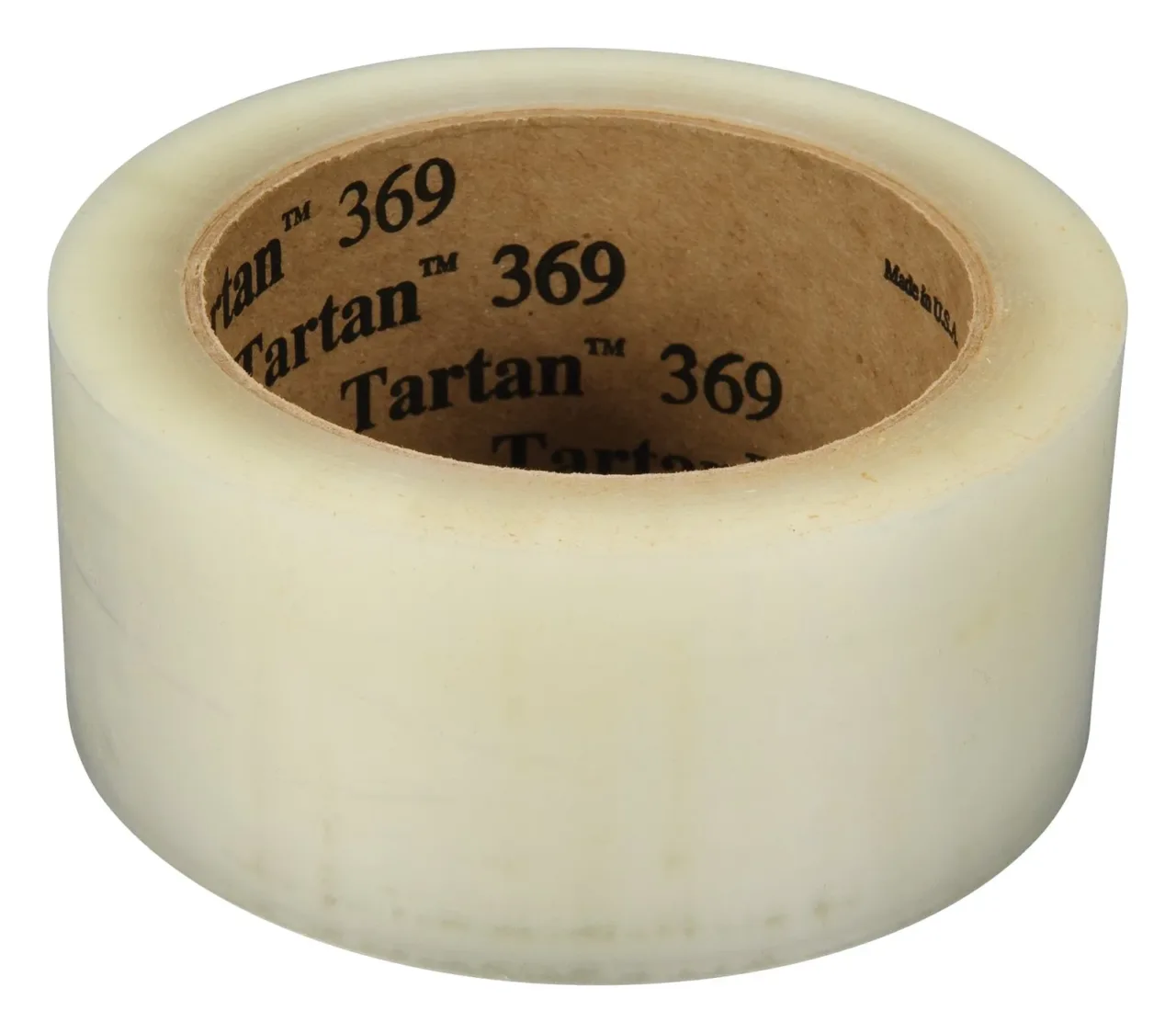 Transparent packaging tape roll with printed inner core.