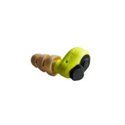 Yellow earplug with black filter on white background.