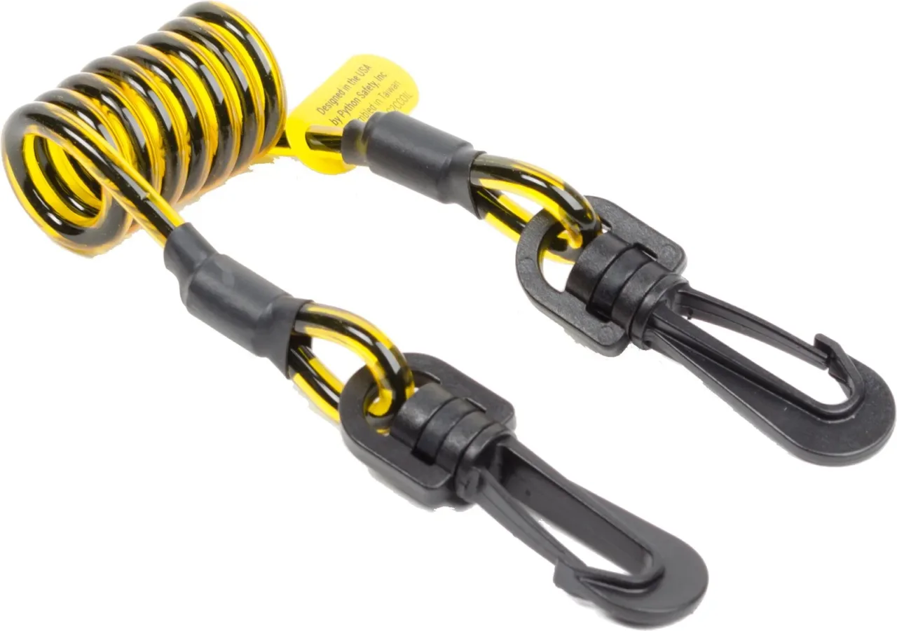 Yellow coil cable with black plastic hooks