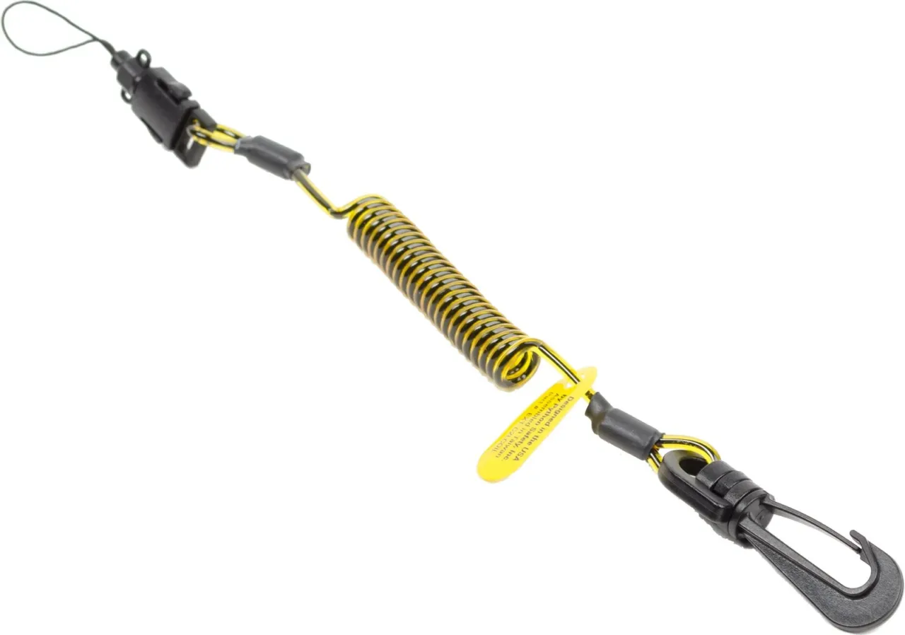 Yellow coiled safety lanyard with black clip