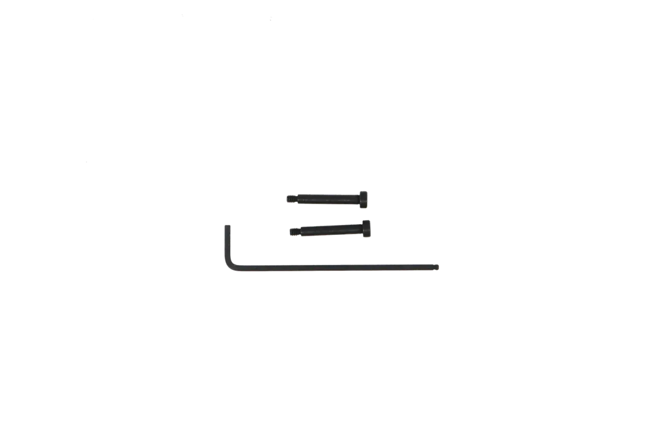 L-shaped hex key and two screws on white background.