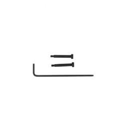 L-shaped hex key and two screws on white background.