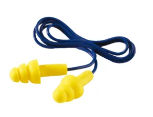 Yellow earplugs with blue cord on white background.