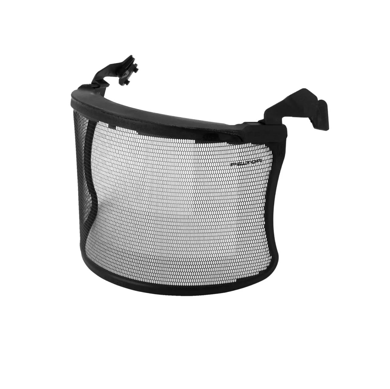 Protective mesh face shield for safety equipment.