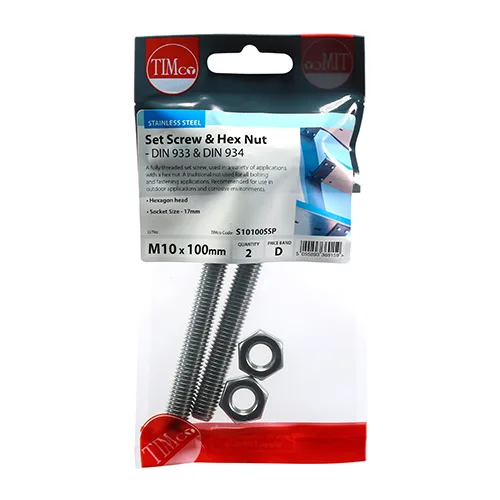Set Screws DIN933 Hex & Nut DIN934 Silver A2 Stainless Steel - M10 x 100 - Image 2