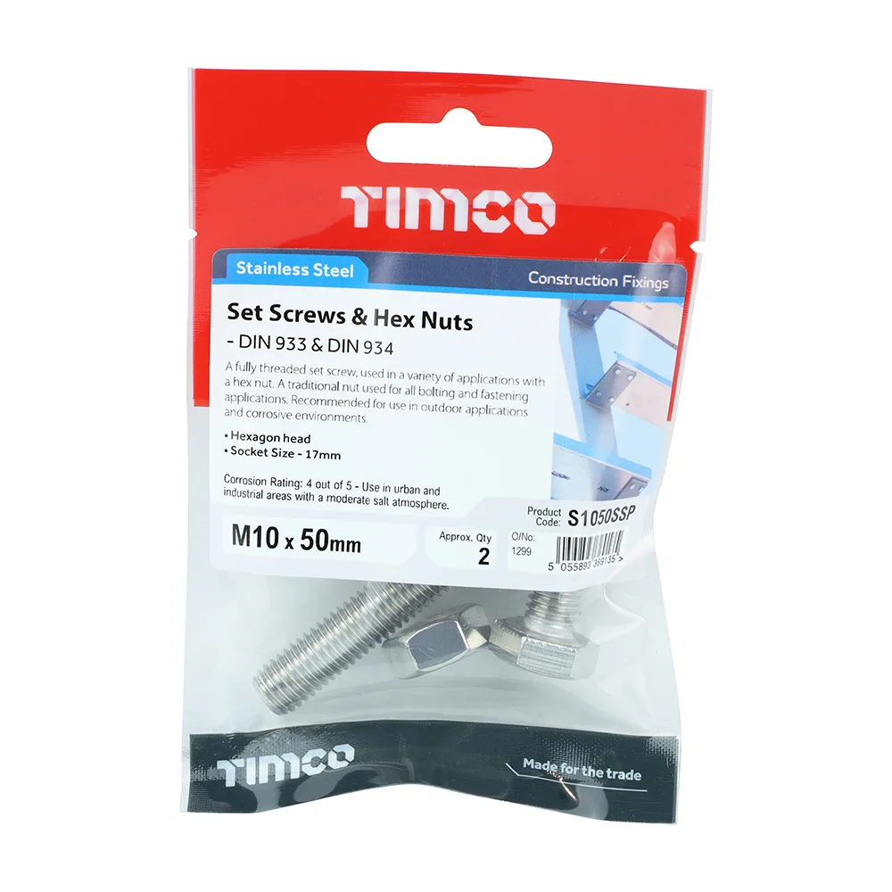 Set Screws DIN933 Hex & Nut DIN934 Silver A2 Stainless Steel - M10 x 50 - Image 2