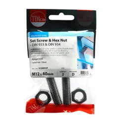 Alternative view of Set Screws DIN933 Hex & Nut DIN934 Silver A2 Stainless Steel - M12 x 40
