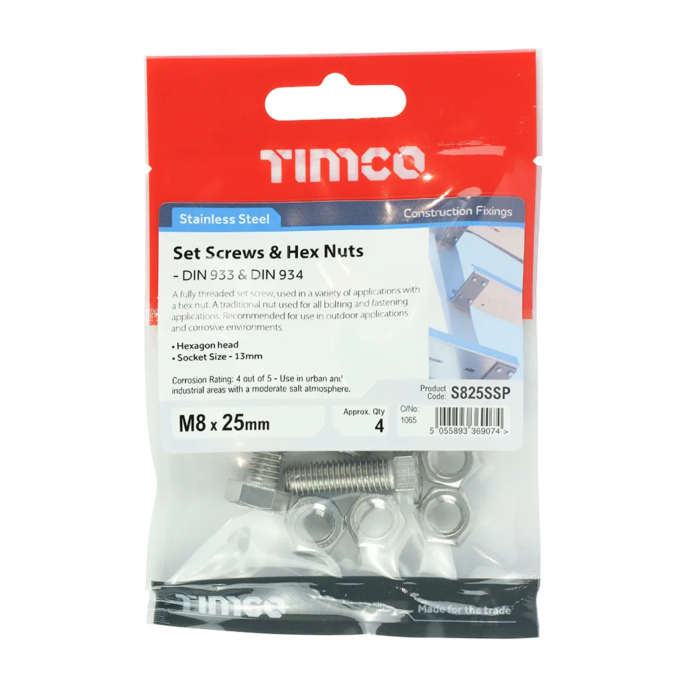 Set Screws DIN933 Hex & Nut DIN934 Silver A2 Stainless Steel - M8 x 25 - Image 2